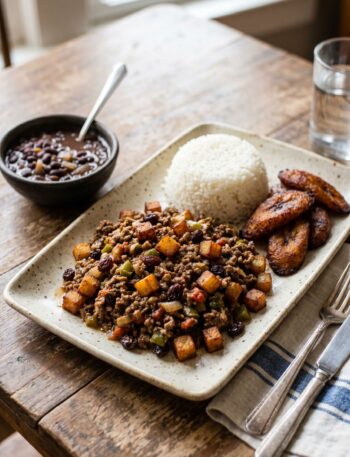 Plate of Cuban picadillo with white rice, fried sweet plantains, and a small bowl of black beans behind it.