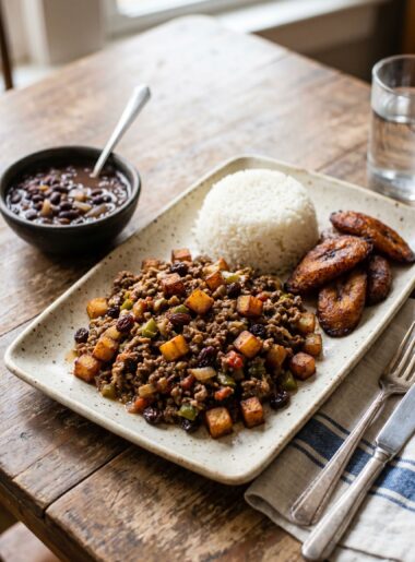 Plate of Cuban picadillo with white rice, fried sweet plantains, and a small bowl of black beans behind it.