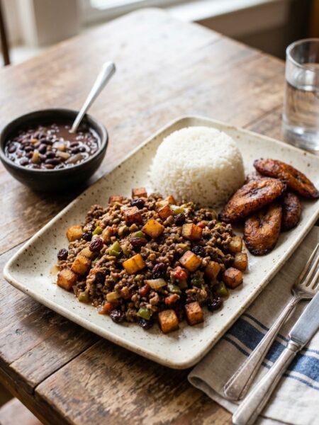 Plate of Cuban picadillo with white rice, fried sweet plantains, and a small bowl of black beans behind it.