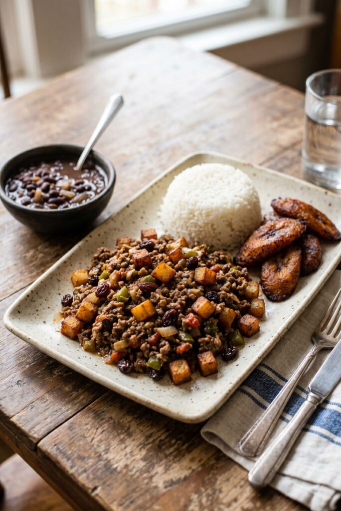 Plate of Cuban picadillo with white rice, fried sweet plantains, and a small bowl of black beans behind it.